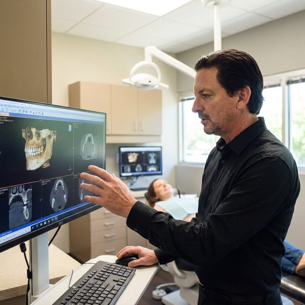 A Parkway Dental dentist in Albuquerque reviews a 3D CBCT jaw scan on a monitor for a same-day restoration plan.