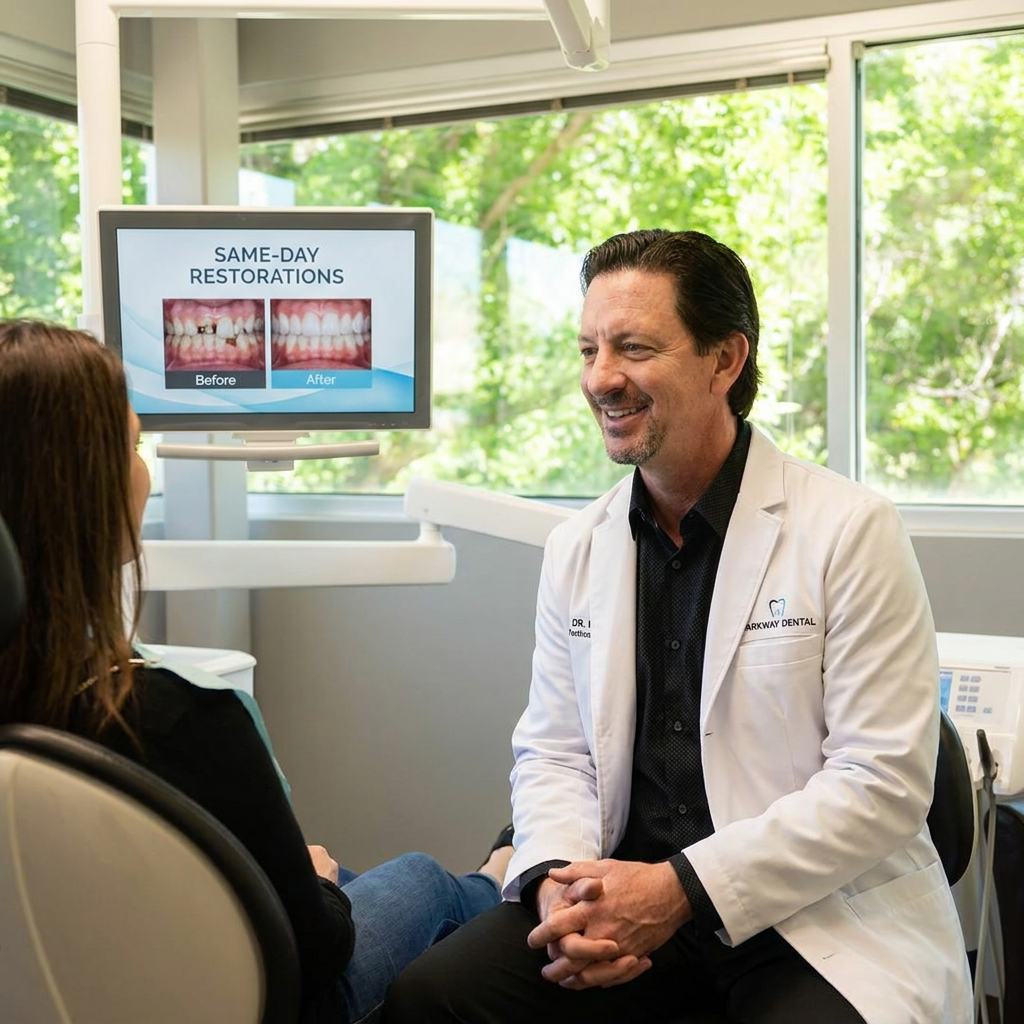 A Parkway Dental dentist discusses same-day restorations with a patient in a modern Albuquerque clinic setting.
