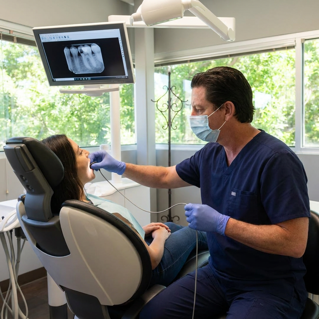 A Parkway Dental dentist in Albuquerque uses a digital X-ray sensor to prep a patient for a tooth filling.