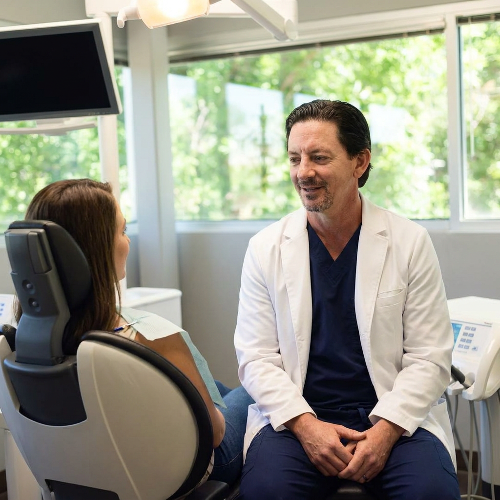 A Parkway Dental dentist in Albuquerque explains tooth filling options to a patient during a consultation.