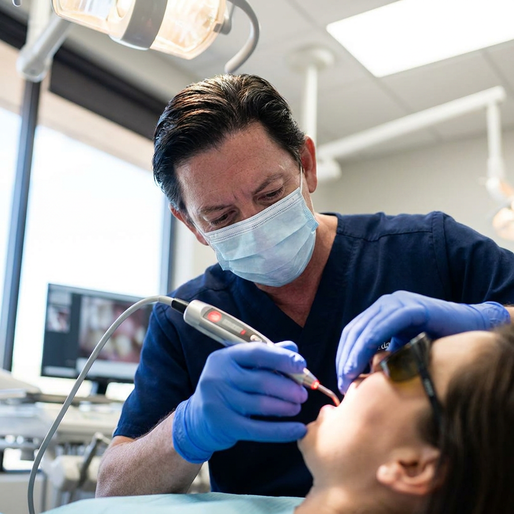A Parkway Dental dentist uses a high-tech handheld scanner on a patient during an emergency visit in Albuquerque.