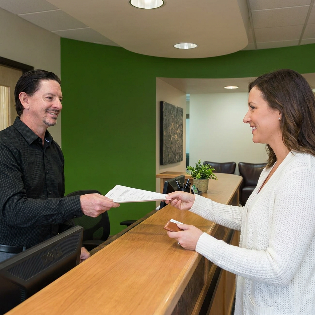A dentist smiles at Parkway Dental in Albuquerque while handing insurance paperwork to a patient at the reception desk.