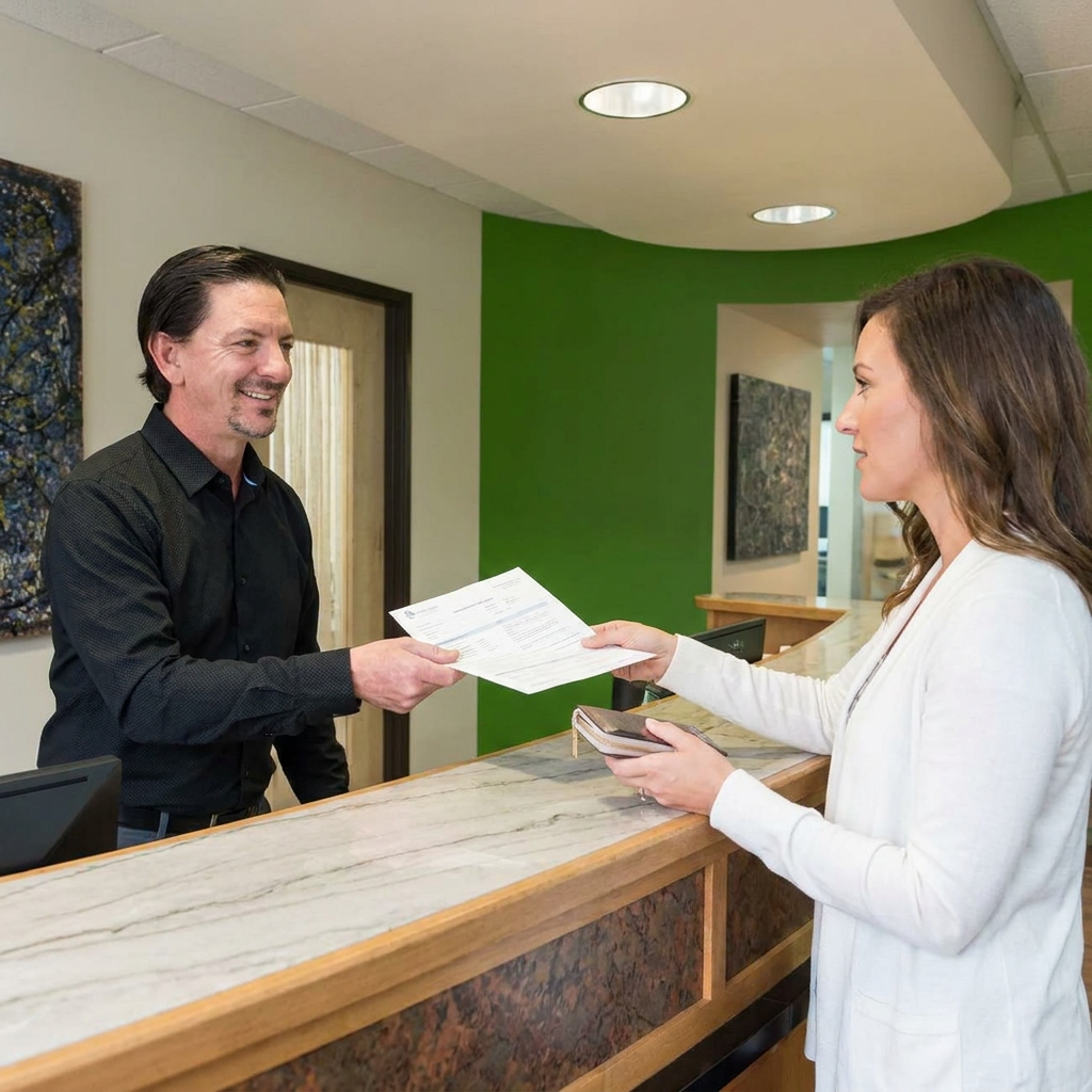 A dentist hands paperwork to a patient at the Parkway Dental reception desk in Albuquerque during a check-in.