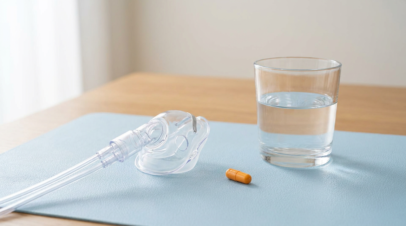 A small, clear nasal mask for nitrous oxide on a clean, light blue surface next to a pill capsule and a glass of water, representing different sedation options.