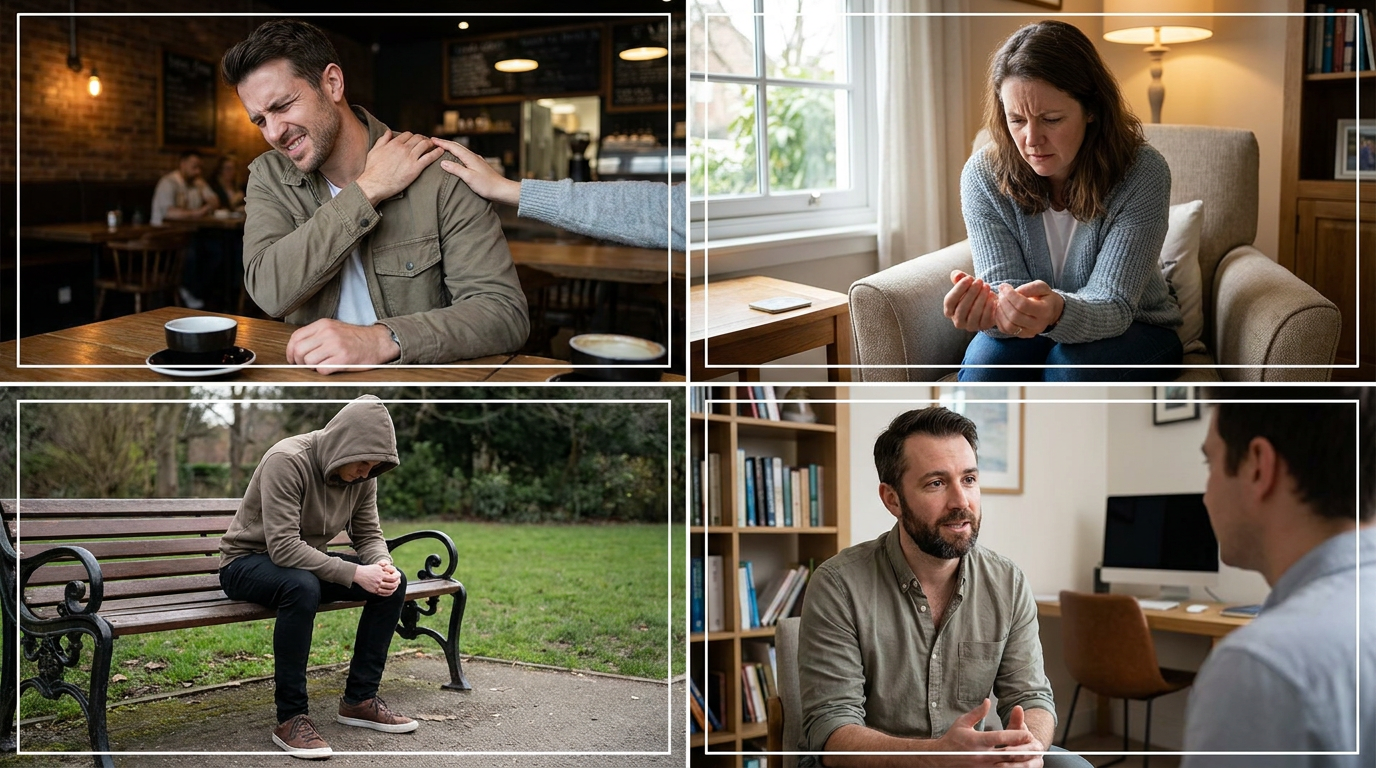 A diverse group of people in different scenarios, visually representing who benefits from sedation: a man flinching from a touch, a woman looking anxious, a person with a tense posture, suggesting discomfort or phobia.