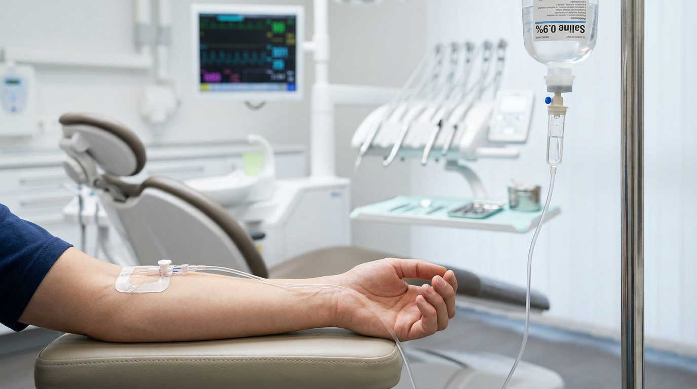 A close-up of a patient's arm with an IV line visible, connected to a small bag of saline solution.