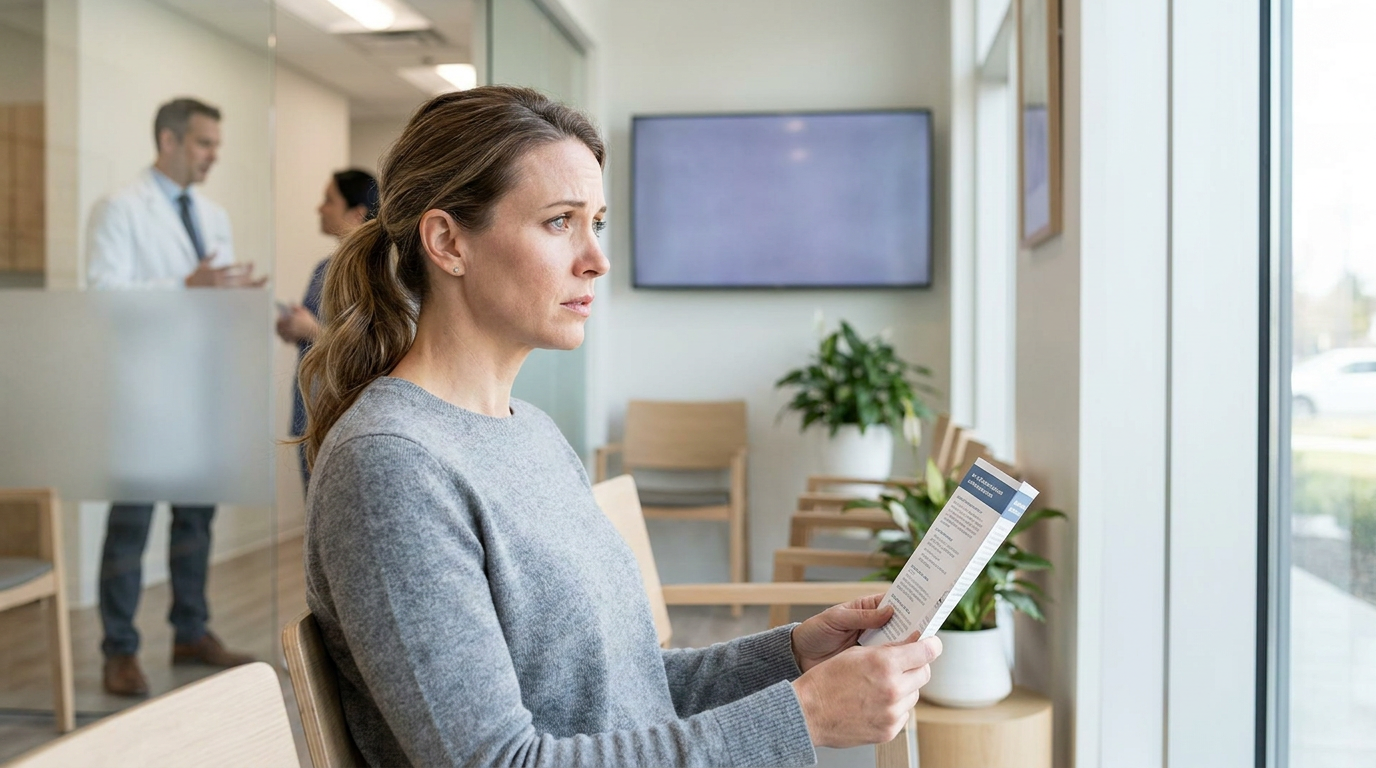 A woman, Jenna, with a concerned expression, sitting in a modern, well-lit dental waiting room.