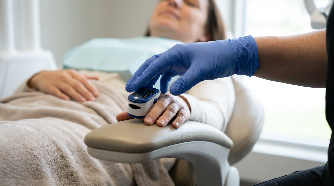 A gentle hand, presumably a dental assistant's, placing a pulse oximeter on a relaxed patient's finger while they are nestled comfortably in a dental chair, indicating monitoring during sedation.