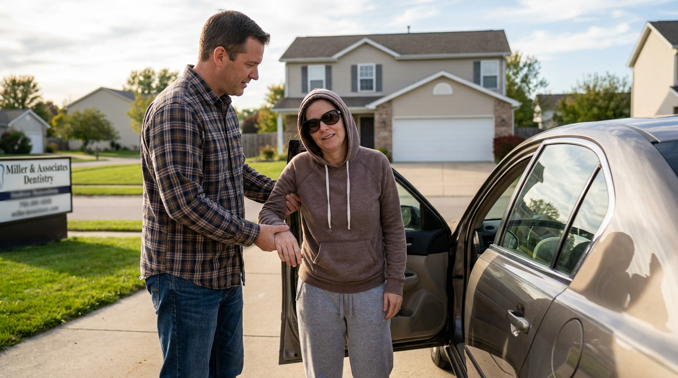 Jenna, being gently helped out of a car by Kevin, in a suburban driveway after her dental appointment.