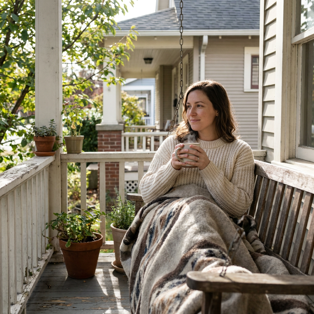 Jenna rests peacefully on a porch swing under a soft blanket, sipping tea from a mug on a sunny afternoon.