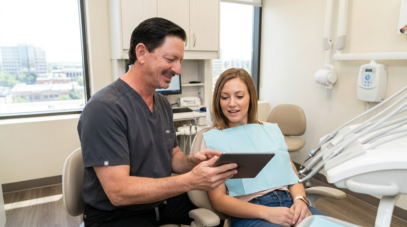 Dr. Michael Haight, in a clean, professional dental office, talking with Jenna, who is seated in a dental chair.