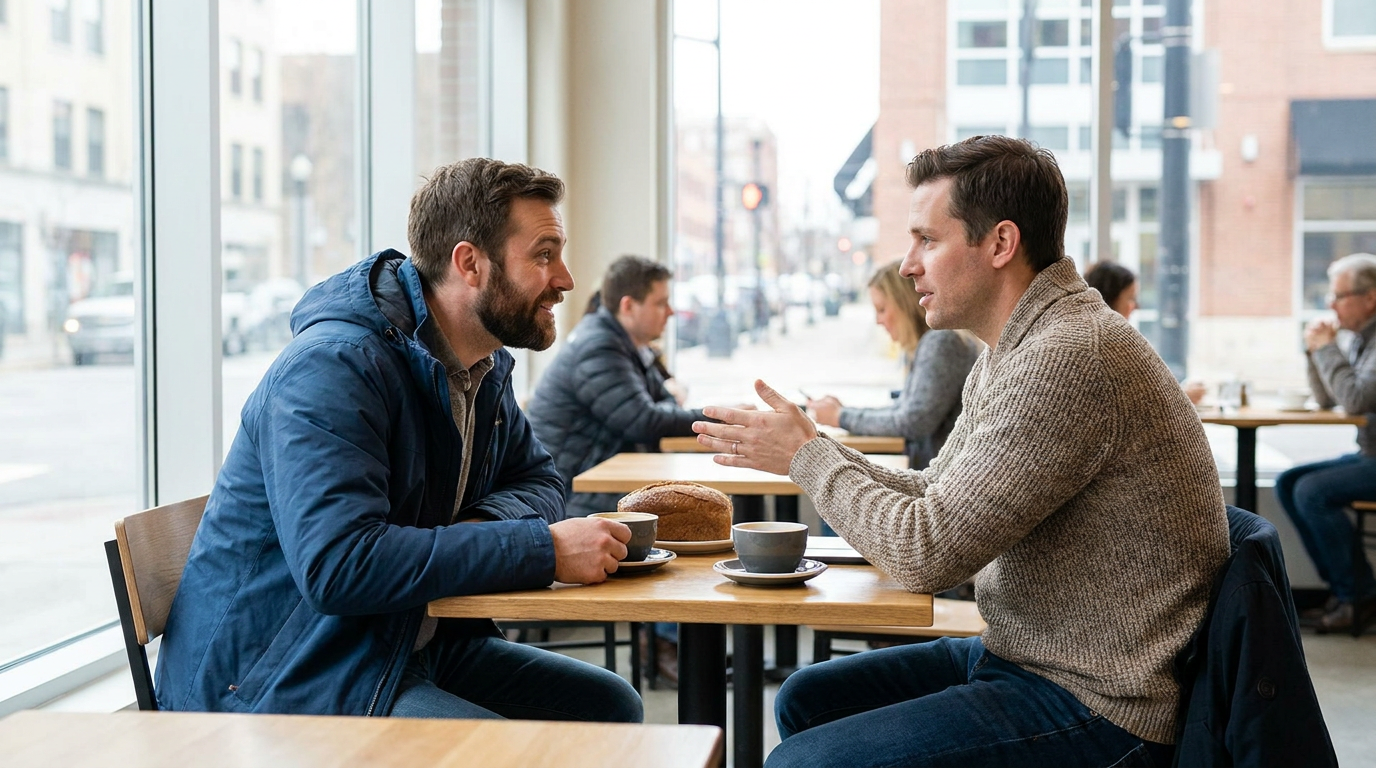 Photorealistic lifestyle dental scene of two men (Mark, and Brandon, a man in his 30s) in a modern cafe, drinking coffee.