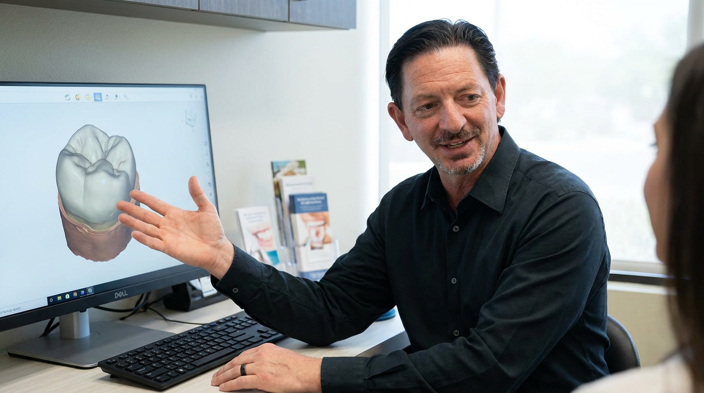 Photorealistic a man (Dr. Michael Haight, a man in his 40s) in a professional setting, gesturing towards a 3D digital model of a tooth on a screen, explaining something to an off-screen patient.