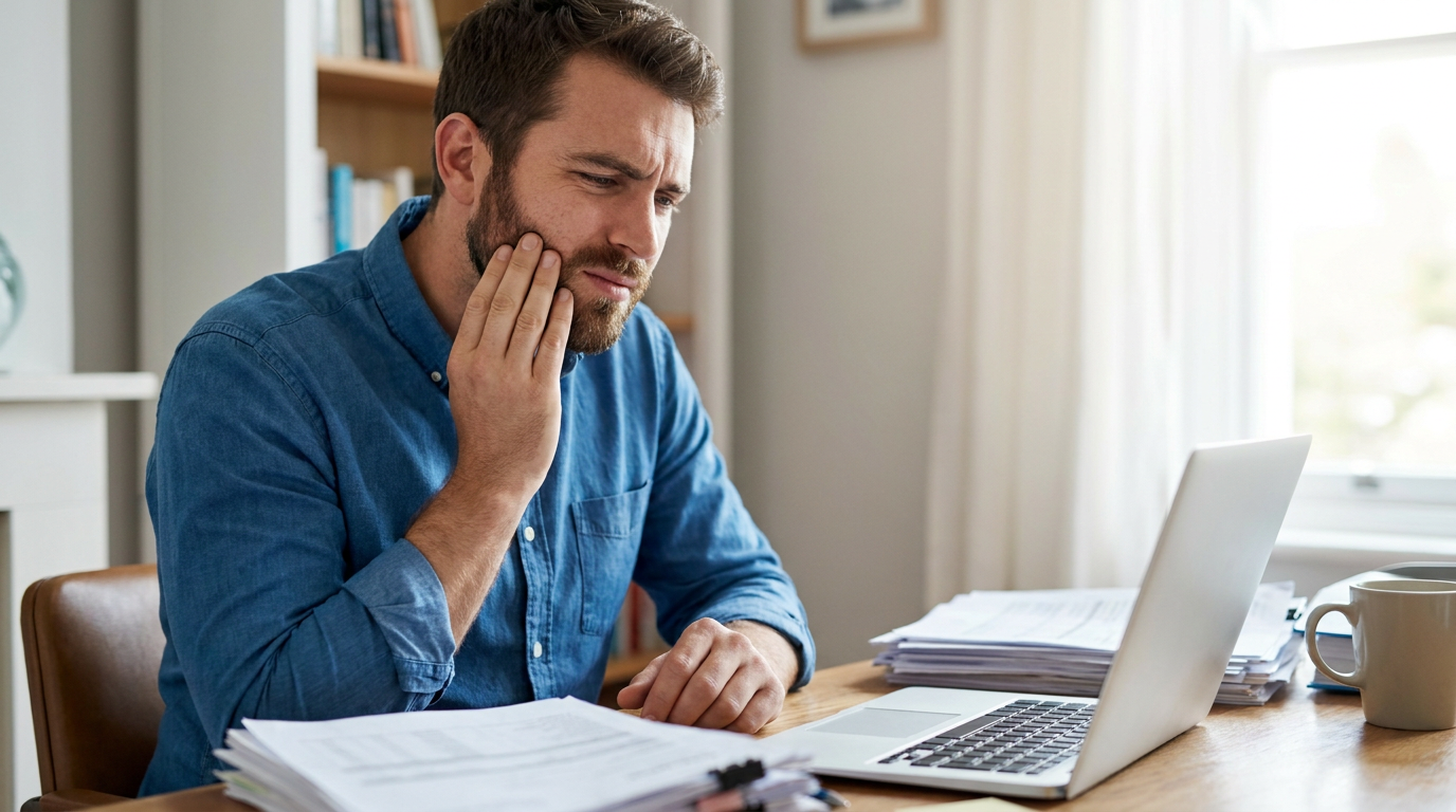 Photorealistic focused shot of a man (Mark, a man in his 30s) at an office desk, hand instinctively touching his jaw with a slight wince, surrounded by paperwork and a laptop, conveying a subtle, persistent discomfort.