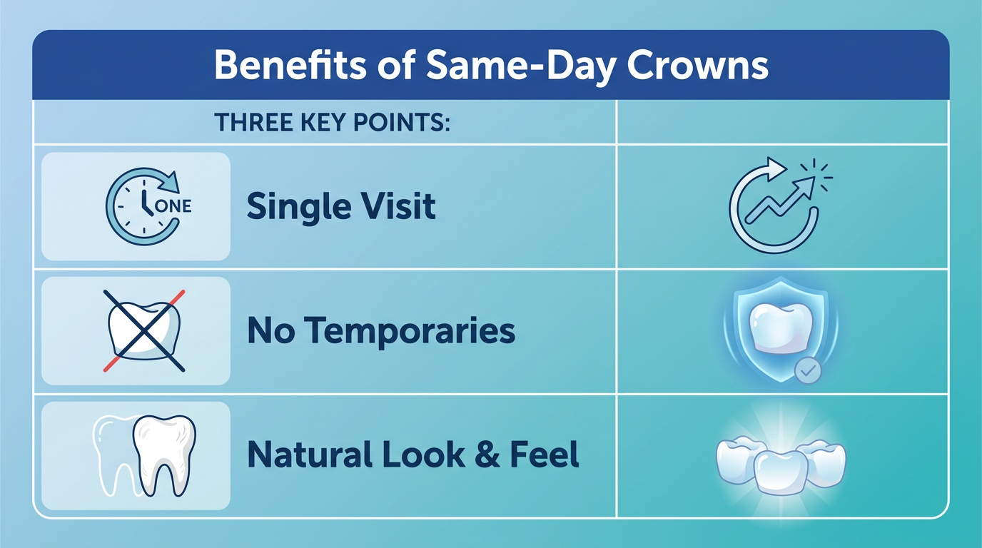 Minimal-text table-style comparison visual comparing "Benefits of Same-Day Crowns" with three key points: "Single Visit," "No Temporaries," "Natural Look & Feel." Each point has a simple, relevant icon.