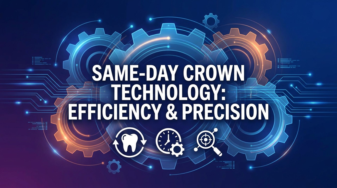 One-phrase callout-style visual: "Same-Day Crown Technology: Efficiency & Precision" with crisp, clean typography surrounded by abstract, subtle gears and digital lines.