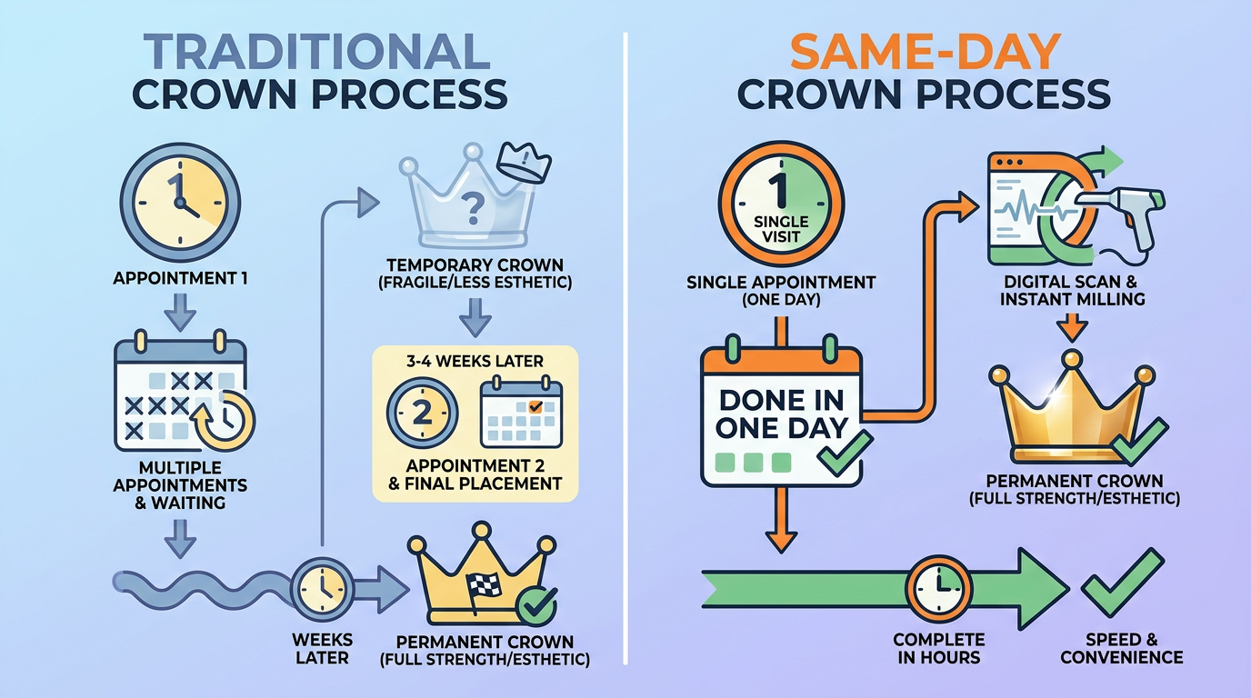 Minimal-text infographic visual comparing "Traditional Crown Process" (multiple appointments, temporary crown) with "Same-Day Crown Process" (single appointment, permanent crown), using simple icons like calendars and clocks.
