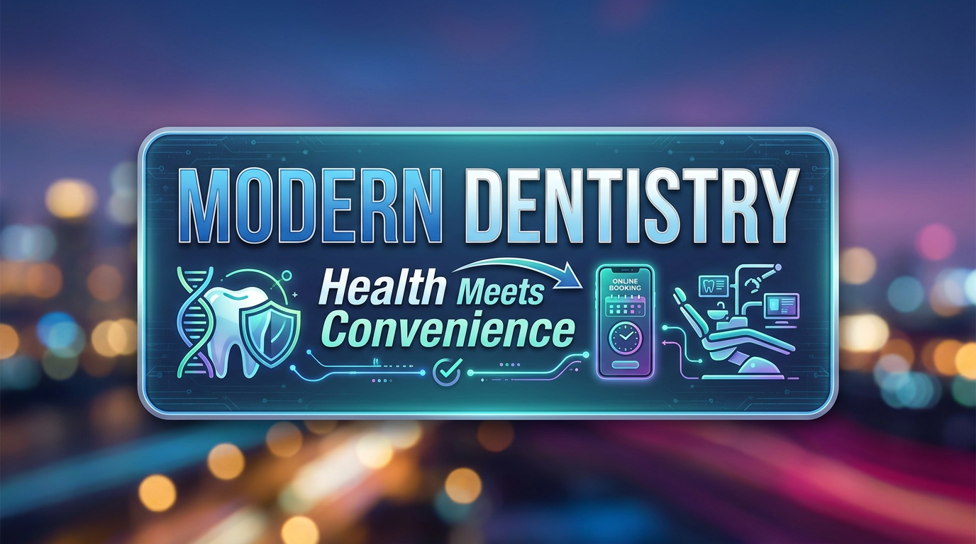 One-phrase callout-style visual: "Modern Dentistry: Health Meets Convenience" with a backdrop of subtle, blurred city lights.