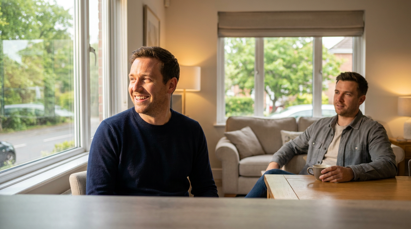 Photorealistic lifestyle dental scene of a man (Mark, a man in his 30s) smiling confidently, looking towards a window with bright, natural light, no hint of dental work, just a natural, comfortable expression.