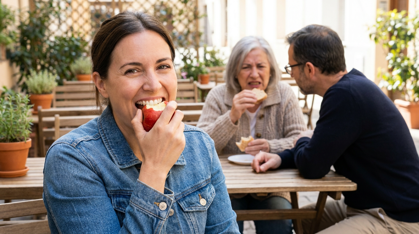 Julia, smiles confidently while eating an apple, showcasing healthy teeth.