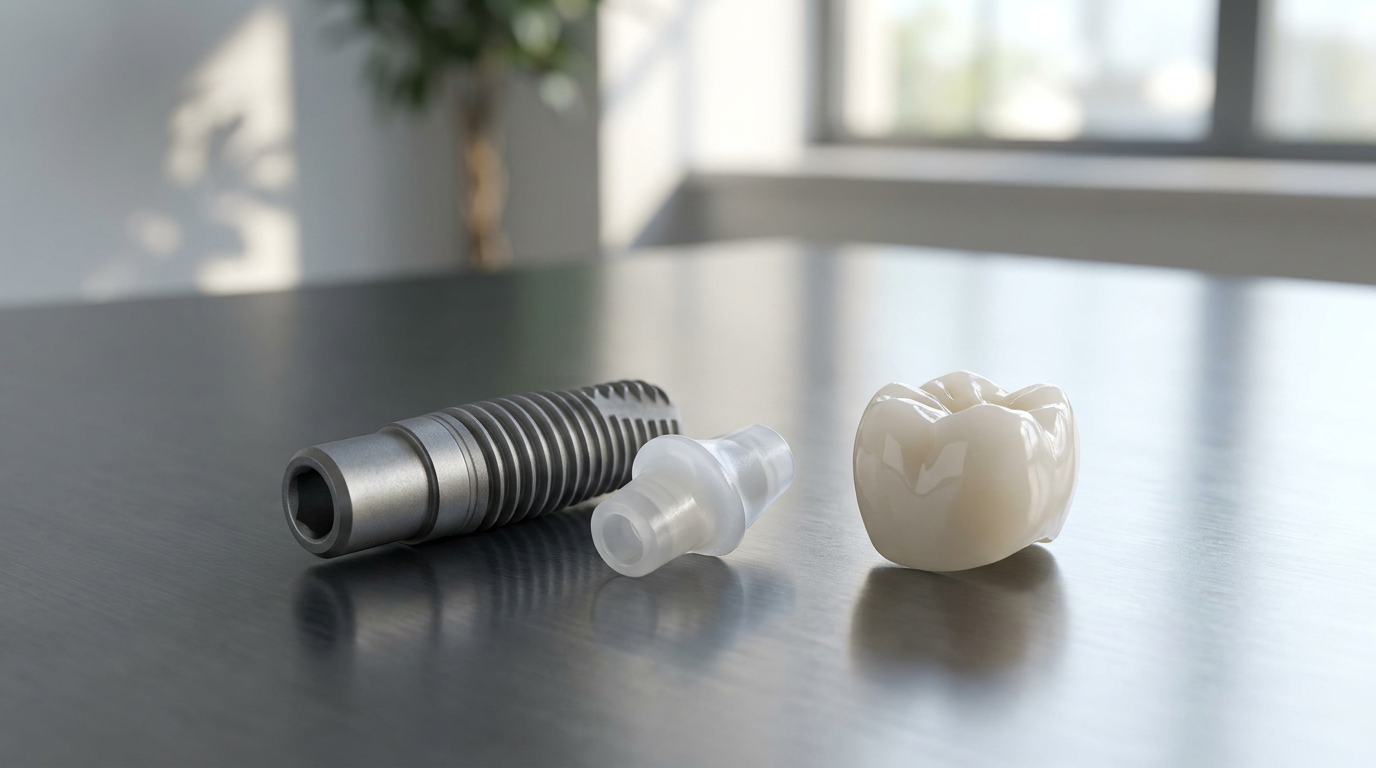 A conceptual image of different dental implant components: a titanium implant post, a zirconia abutment, and a high-quality all-ceramic crown, laid out individually on a sterile, reflective surface.