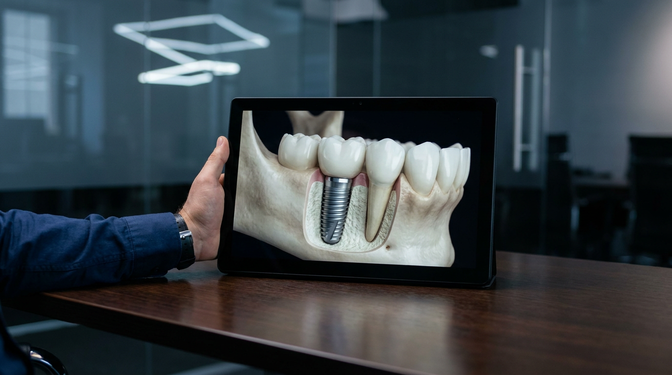 A close-up of a detailed 3D digital rendering of a single dental implant post integrated into a jawbone, with a crown attached.