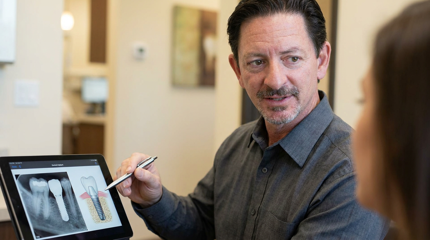 A close-up shot of Dr. Michael Haight, explaining a complex dental implant treatment plan on a tablet screen to an unseen patient, gesturing with a pen.