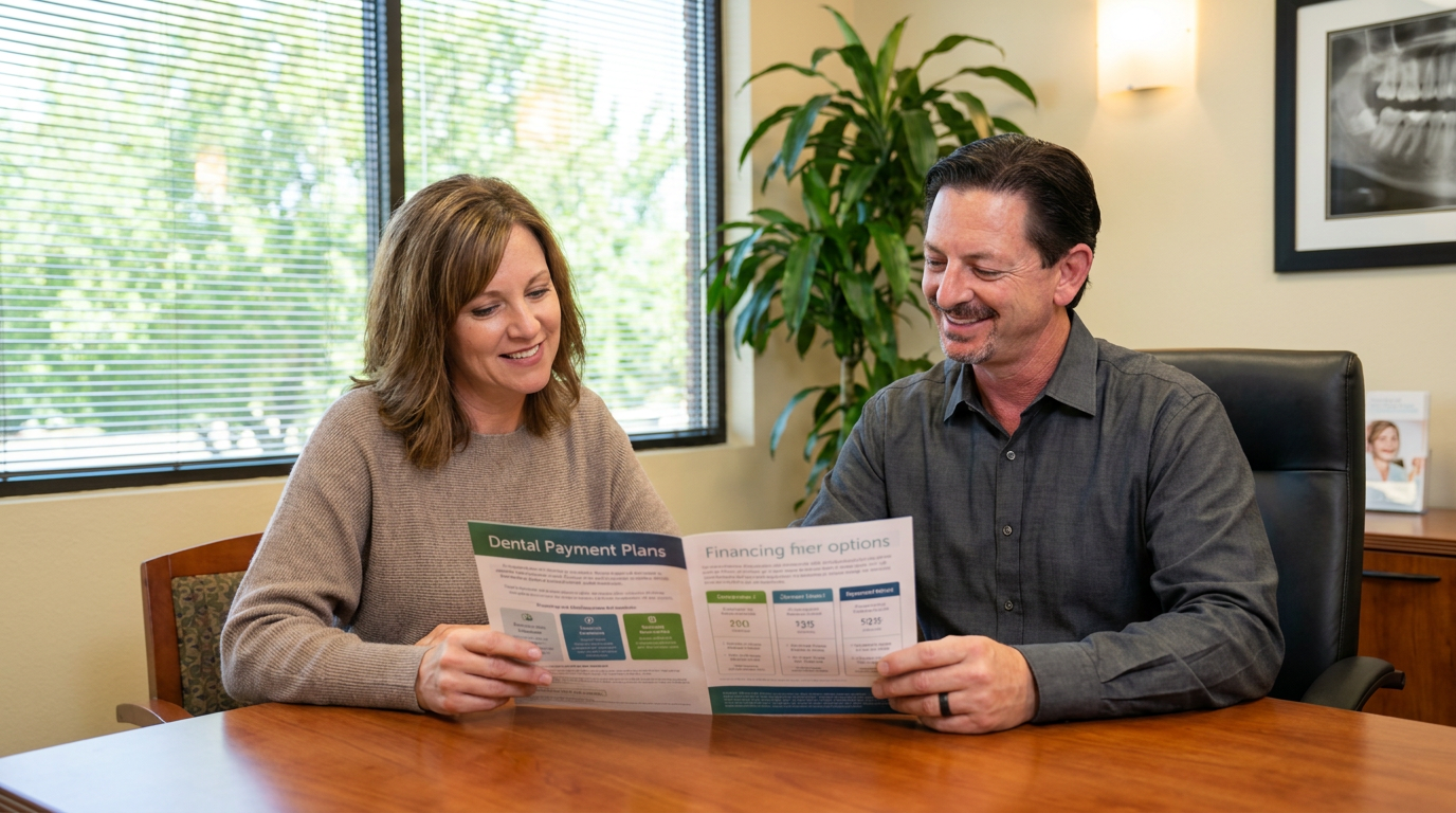A patient, Heather, engaging in a friendly and professional conversation with Dr. Michael Haight, in a modern dental office consultation room.