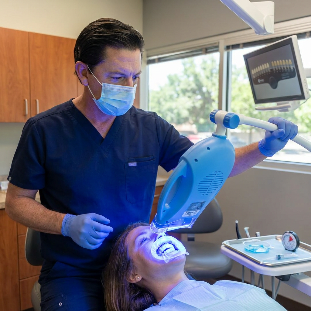 A Parkway Dental dentist uses a blue LED lamp for a teeth whitening treatment in an Albuquerque dental office.