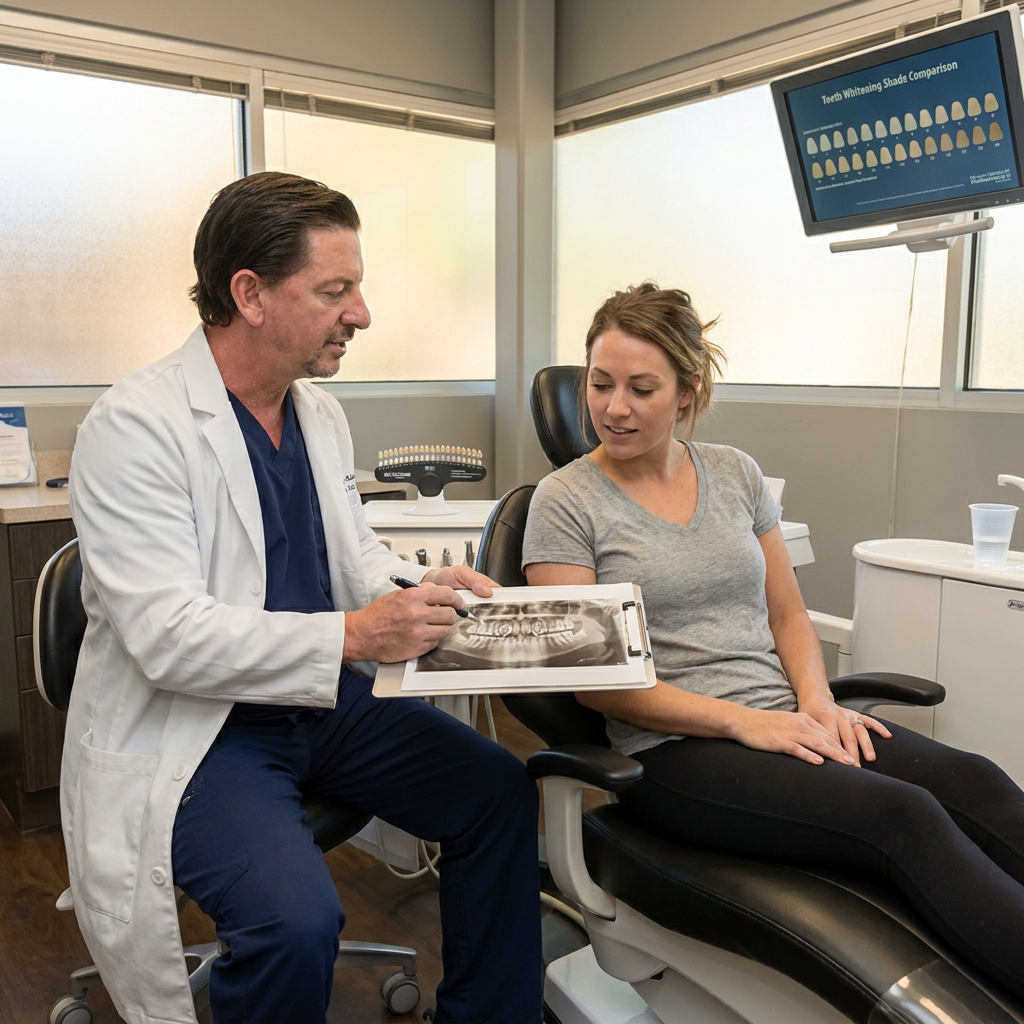 A dentist explains whitening zones on an X-ray to a patient at Parkway Dental in Albuquerque, NM.