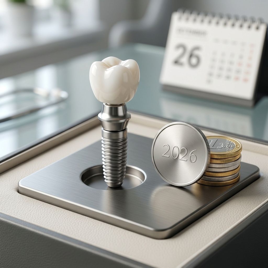 A photorealistic dental implant standing next to a stack of coins showing the year 2026.