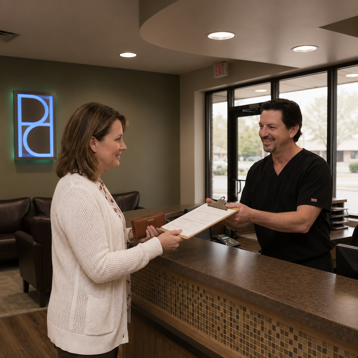A dentist hands Guardian insurance paperwork to a patient at the Parkway Dental reception desk in Albuquerque, NM