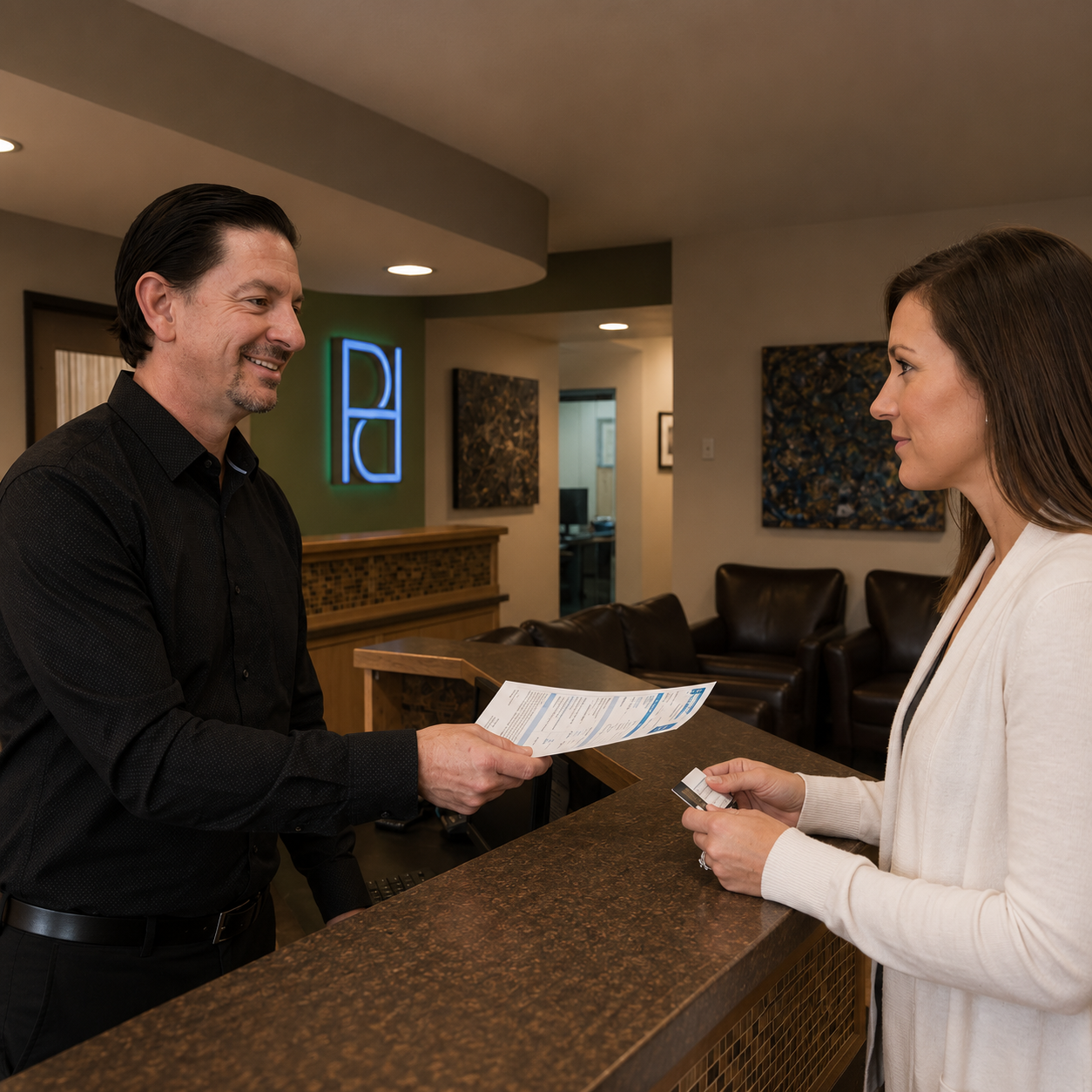 A Parkway Dental receptionist hands paperwork to a patient over a modern desk in their Albuquerque, NM office location.