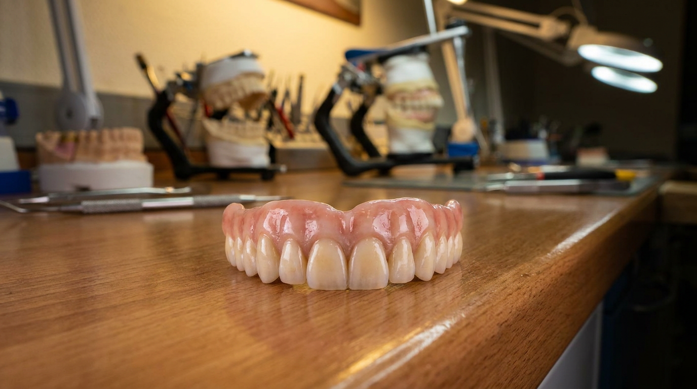 A full arch dental prosthesis with pink gums and white teeth sits on a wooden counter, with dental tools, models, and a bright lamp in the blurred background.