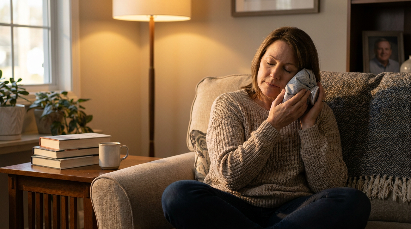 Paige sits on a couch in a living room, holding a cold compress to her right cheek, with her eyes closed.