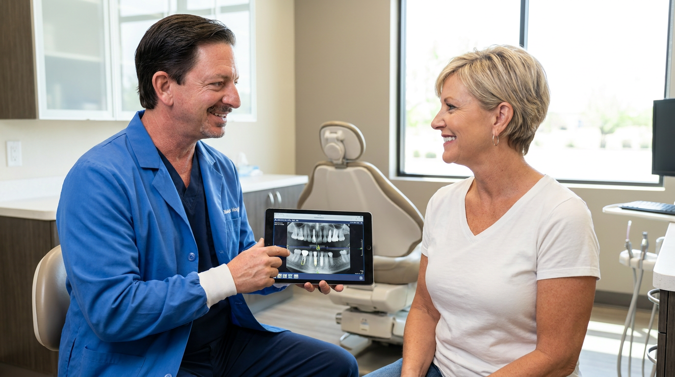 Dr. Michael Haight, wearing a blue lab coat, sits next to Paige, who is wearing a white V-neck shirt, and shows her dental X-rays on a tablet in a brightly lit consultation room.