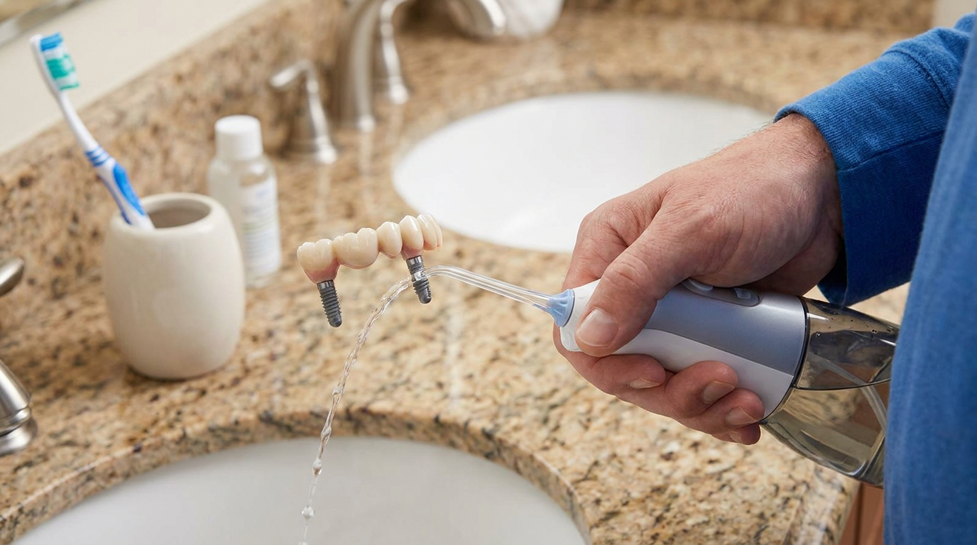 A person's hand holds a water flosser, directing a stream of water onto a dental implant bridge with three crowns, above a bathroom sink.