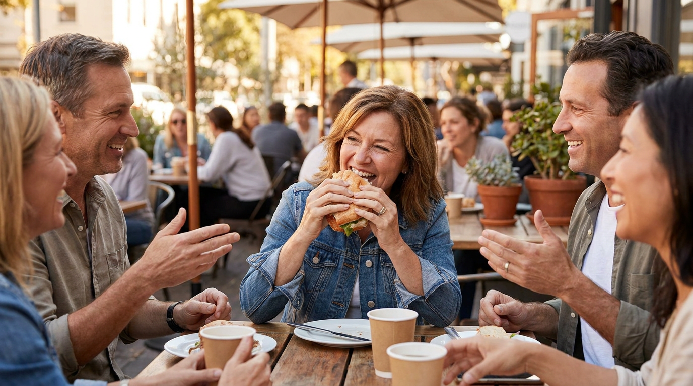 Paige laughs heartily while biting into a sandwich at a wooden table with three friends at an outdoor cafe, with other patrons and umbrellas in the background.