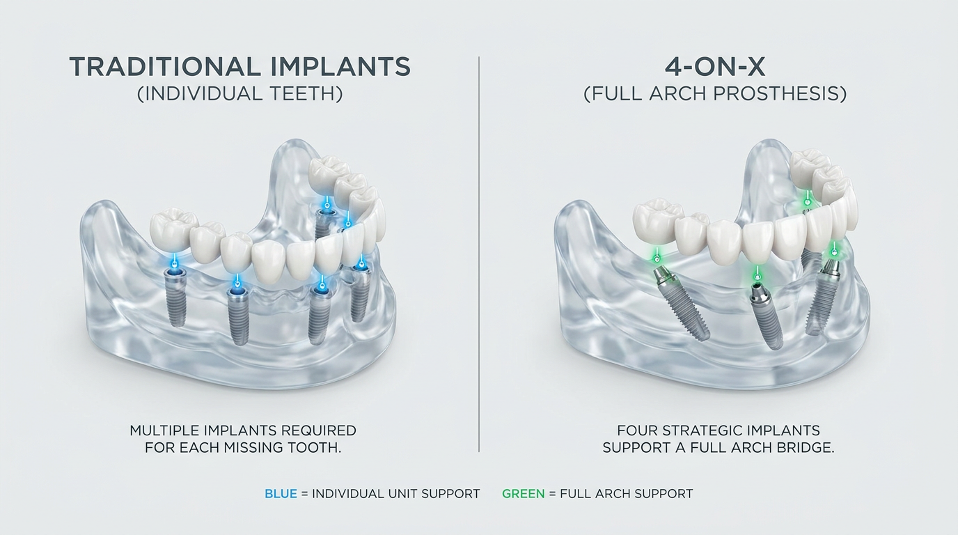 Two transparent jaw models display dental implants, one with multiple blue-lit individual implants and the other with four green-lit implants supporting a full arch prosthesis, with explanatory text.