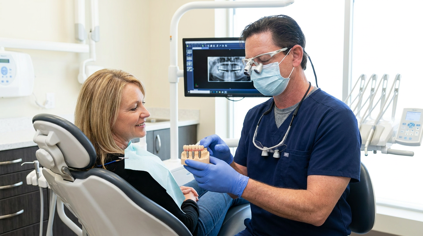 Dr. Michael Haight, wearing a blue scrub top, surgical mask, loupes, and blue gloves, holds a dental model while speaking to a female patient in a dental chair.