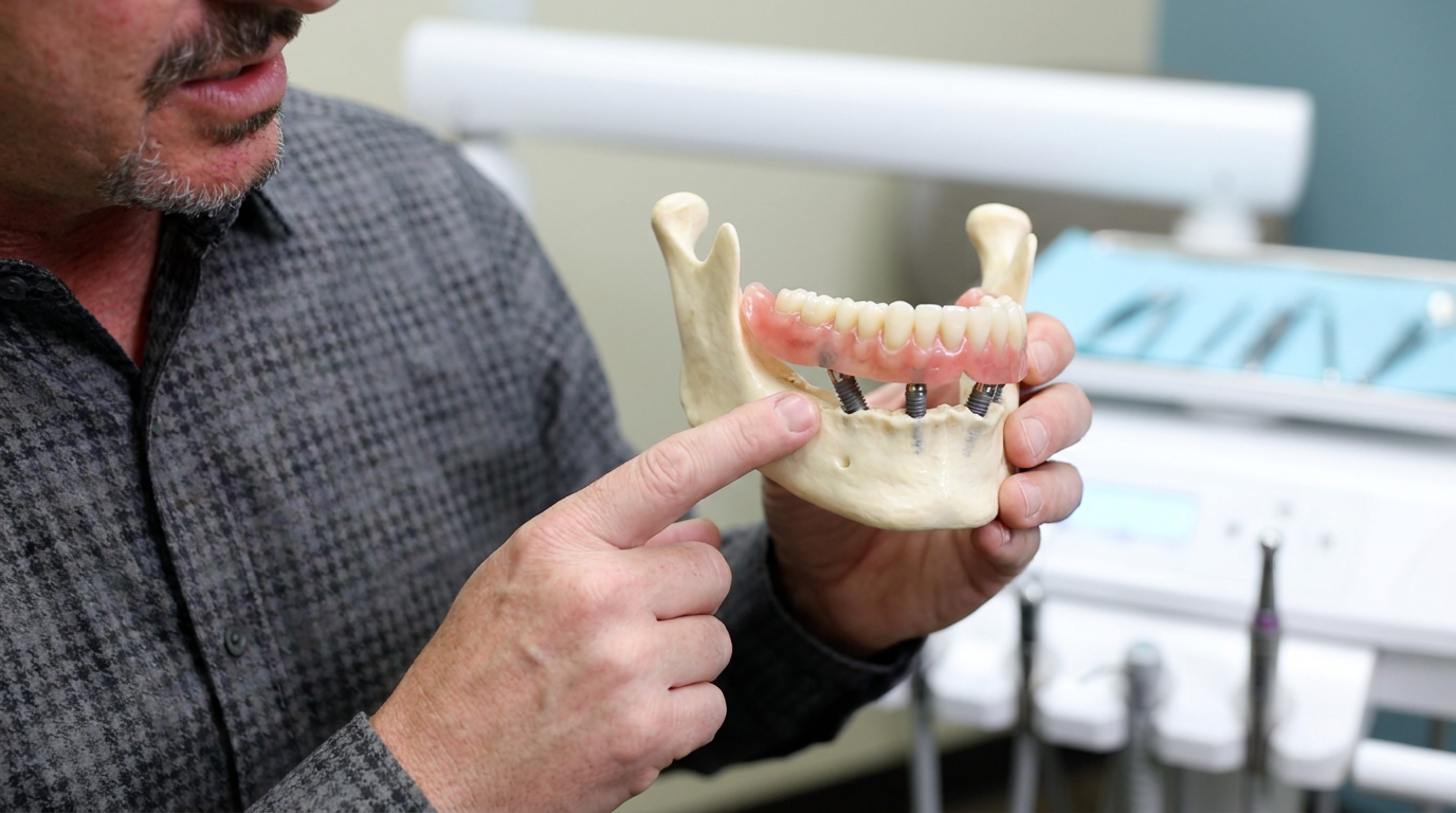 A person in a gray houndstooth shirt points to a dental implant model with a full set of teeth and four implants in a jawbone replica.