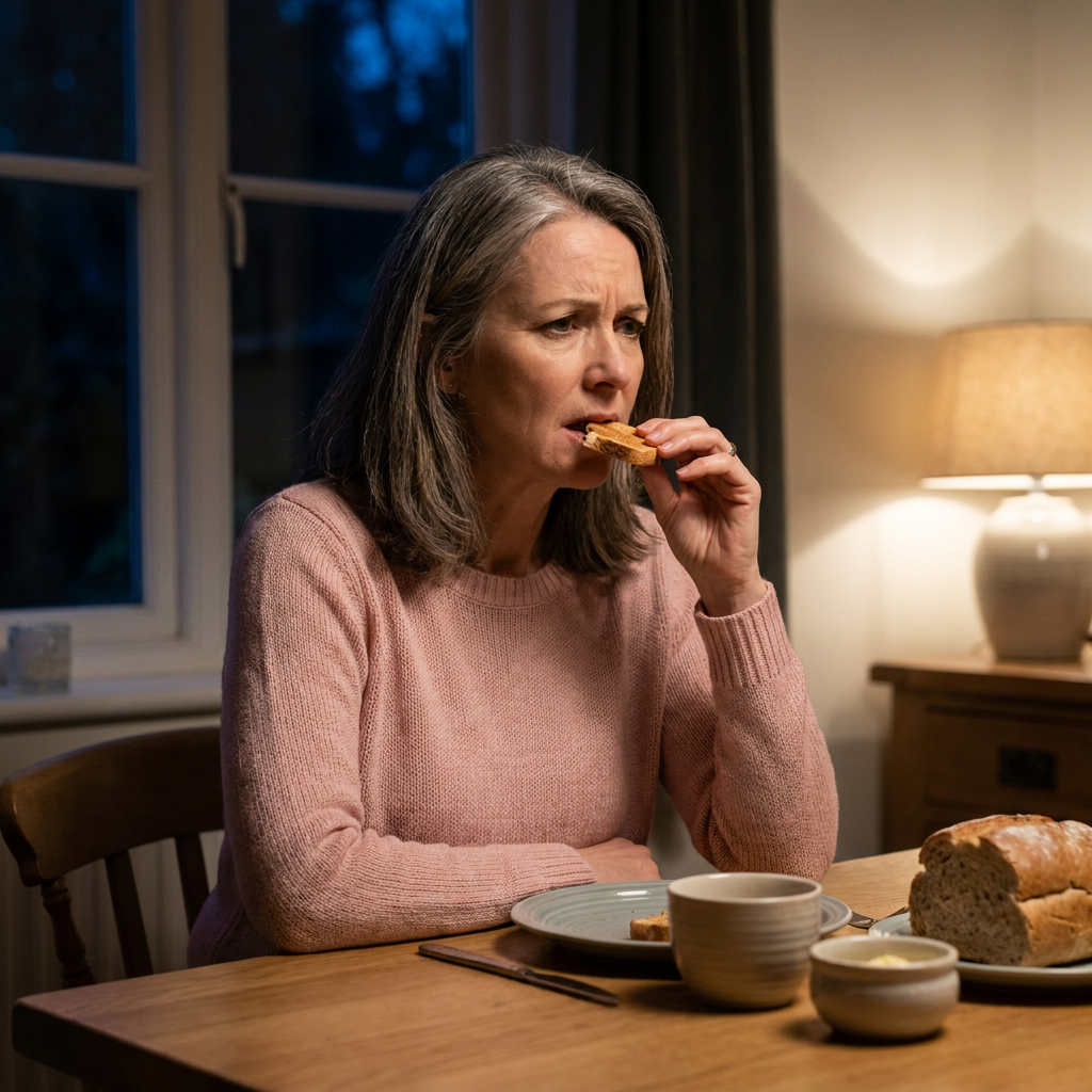 Paige, a woman with graying hair, sits at a wooden table in a pink sweater, taking a small bite of toast with a thoughtful expression.