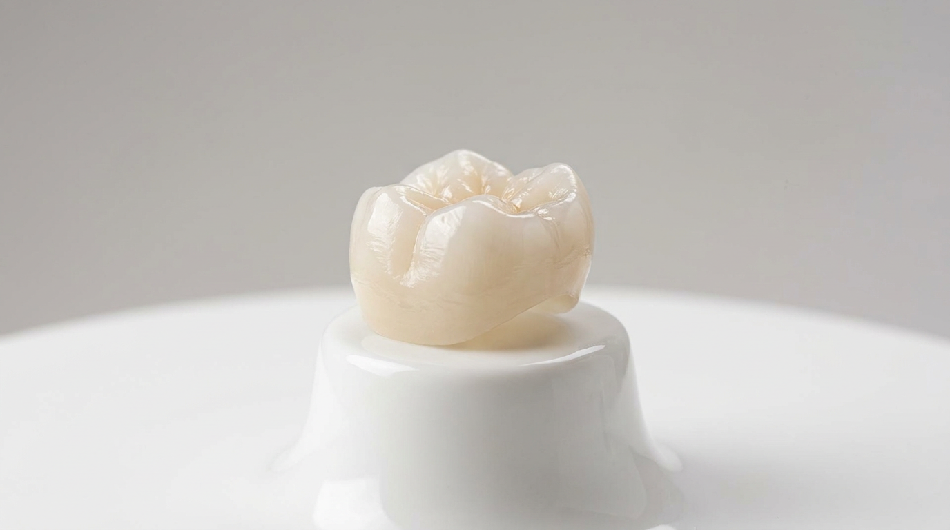 A single, perfectly formed zirconia dental crown rests on a clean white ceramic stand, illuminated by soft, even studio lighting.