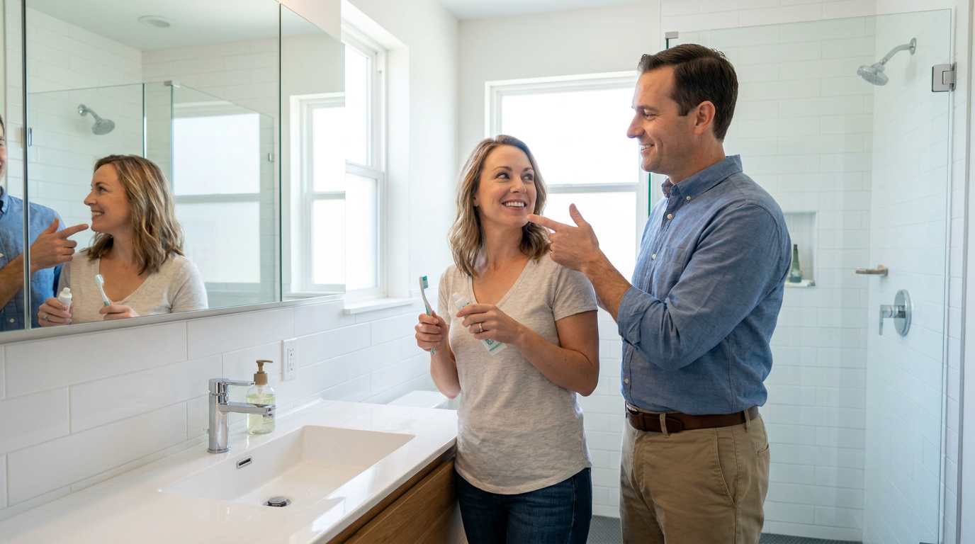 A man in a blue shirt points to the cheek of a woman in a gray shirt, who holds a toothbrush and toothpaste in a modern bathroom.
