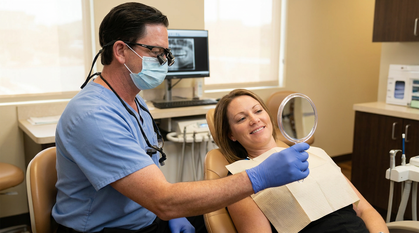 Dr. Michael Haight, wearing a light blue scrub top, blue gloves, a surgical mask, and loupes, holds a mirror for Brittany, who is seated in a dental chair with a bib and smiling.
