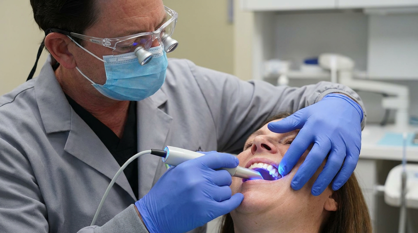 A male dentist in a gray lab coat, black shirt, blue face mask, and safety glasses with loupes uses an intraoral scanner with a blue light on a female patient's open mouth, while wearing blue gloves.