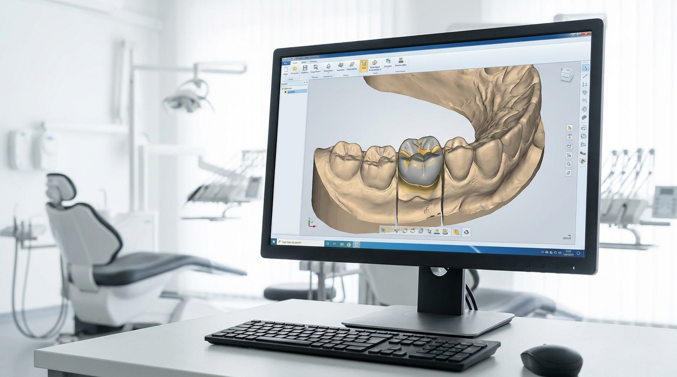 A computer monitor displays a 3D model of a dental arch with a crown, a keyboard, and a mouse on a white desk in a dental office with a blurred dental chair and equipment in the background.
