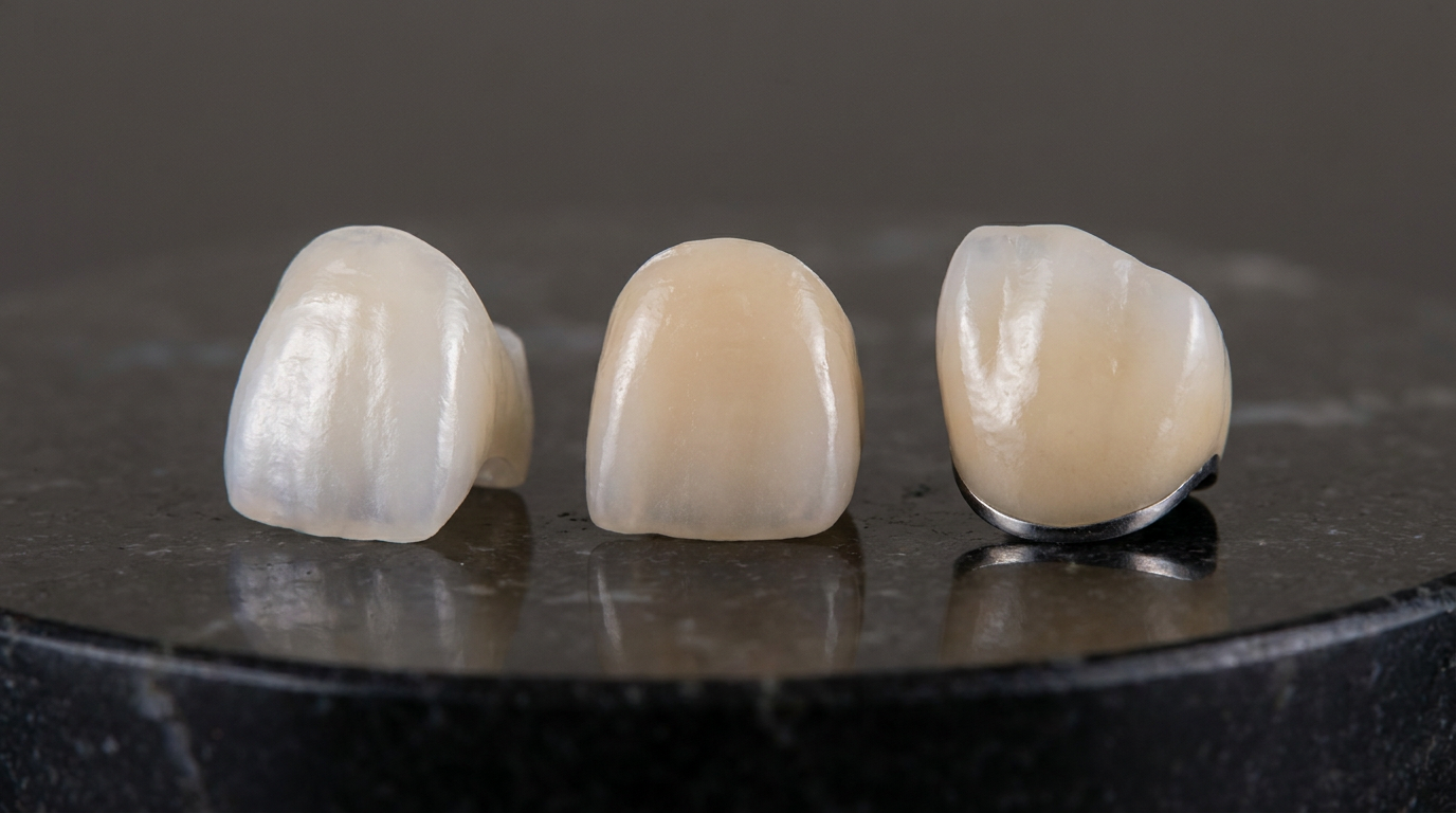 Three dental crowns are arranged on a dark, polished surface, with the left crown being white, the middle crown being light brown, and the right crown being light brown with a silver base.