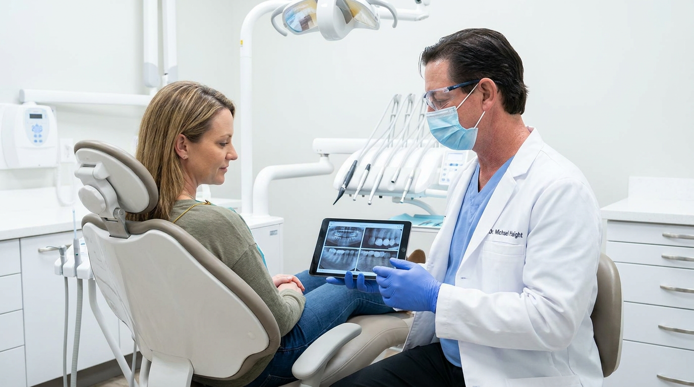A dentist in a white lab coat, blue scrubs, mask, and safety glasses holds a tablet displaying dental x-rays for a patient in a dental chair.