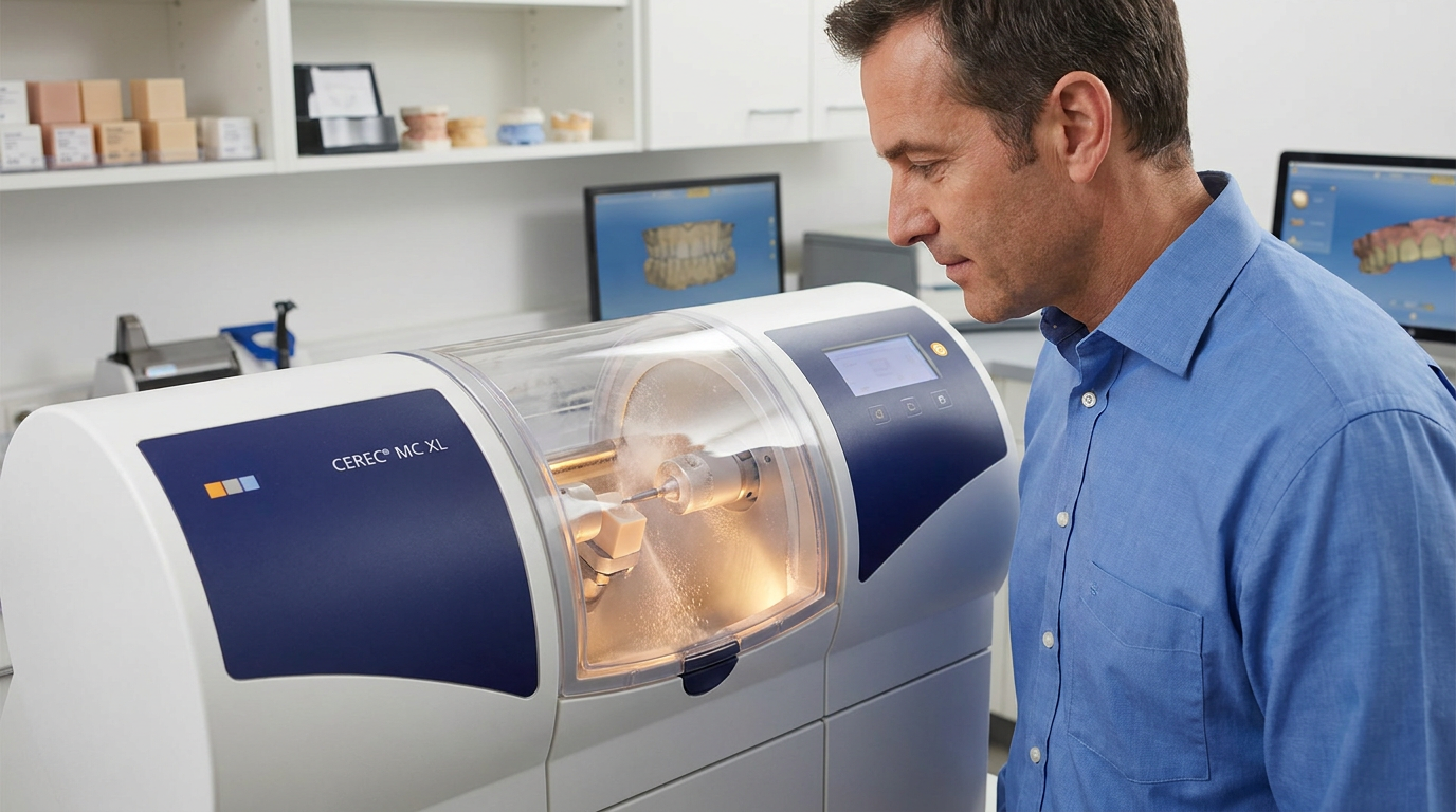A man in a blue button-up shirt looks at a CEREC MC XL machine as it mills a ceramic block, creating dust inside the illuminated chamber.